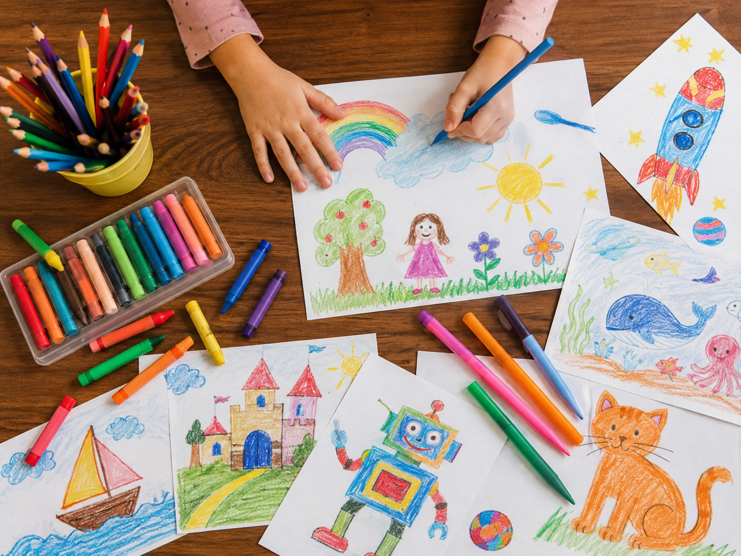 Children's hands draw colorful pictures with crayons on a wooden table; rainbow, sun, trees and flowers appear on paper.
