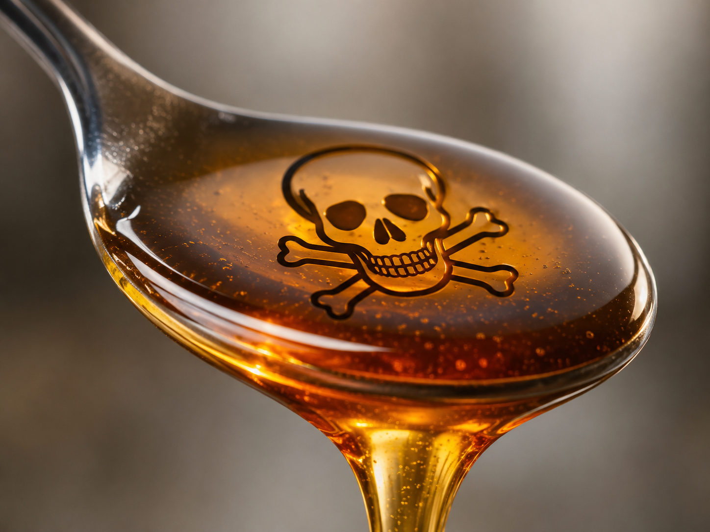 Close-up of a spoonful of amber liquid with a skull-and-crossbones warning symbol on its surface.