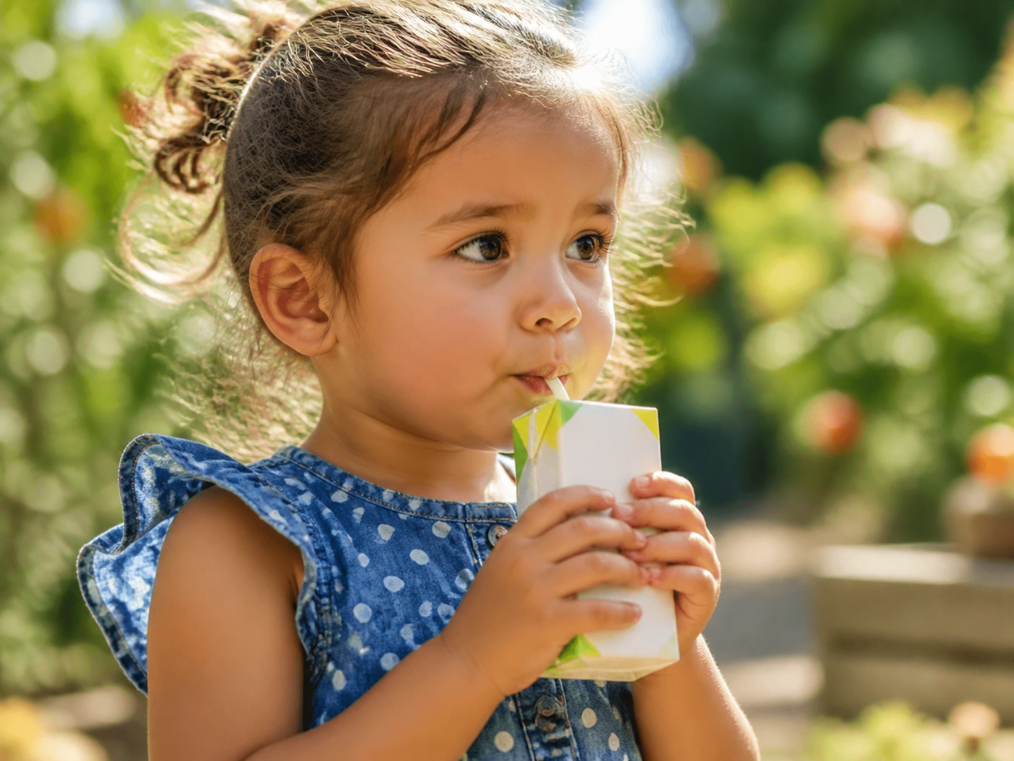Young girl with a ponytail drinking from a juice box outdoors in a sunny garden.