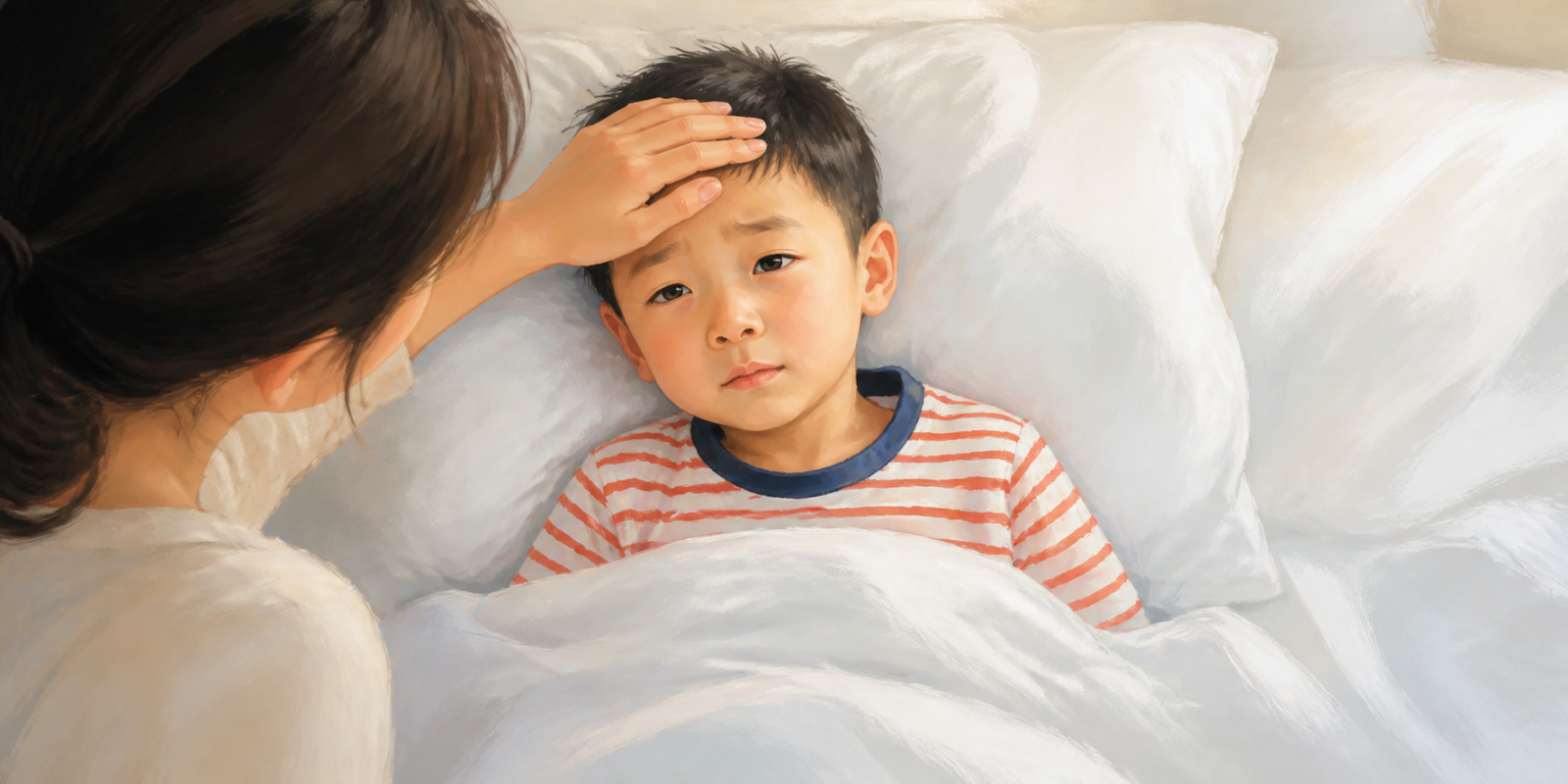 Mother places her hand on her son's forehead to check for a fever as he sits up in bed among white bedding and pillows.